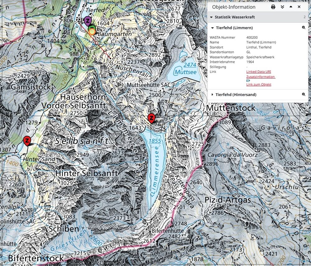 CH-Karte, Ausschnitt Speicherkraftwerk Tierfehd-Limmern.